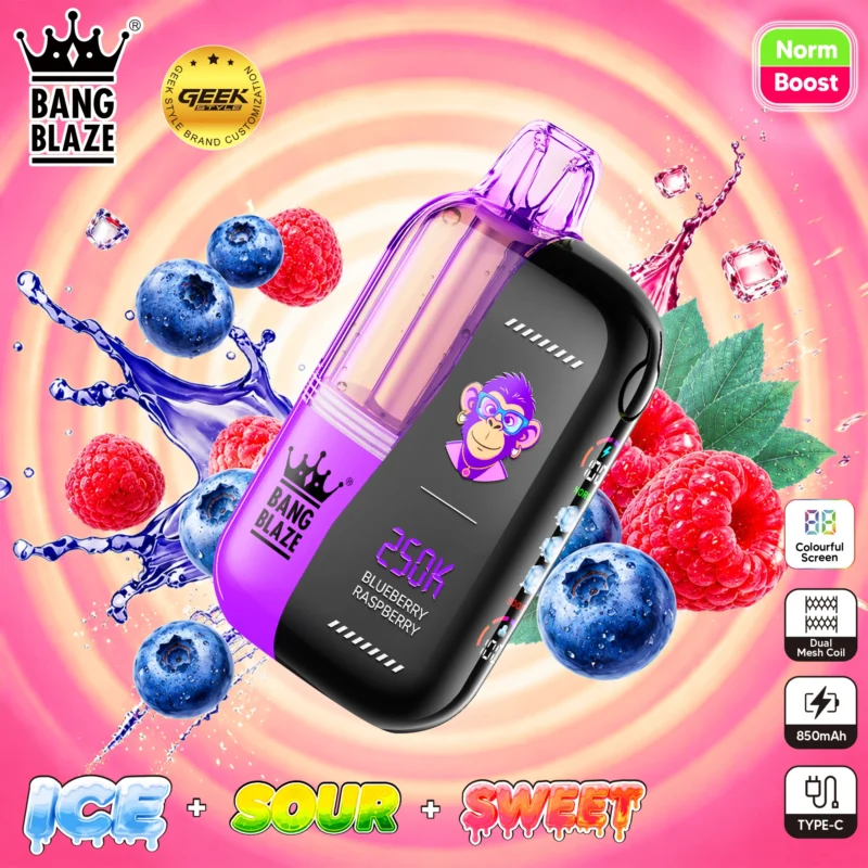 Bang Blaze 250K disposable vape in Blueberry Raspberry flavor featuring a black and purple design with a digital monkey mascot.