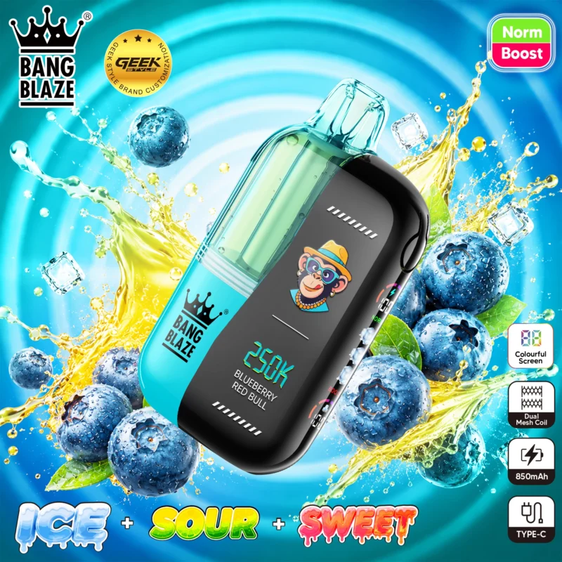 Bang Blaze 250K disposable vape in Blueberry Red Bull flavor, featuring a colorful screen, dual mesh coil, and 850mAh battery.