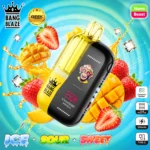 Bang Blaze 250K disposable vape in Strawberry Mango flavor, featuring a yellow and black design with a colorful screen, dual mesh coil, and 850mAh battery.