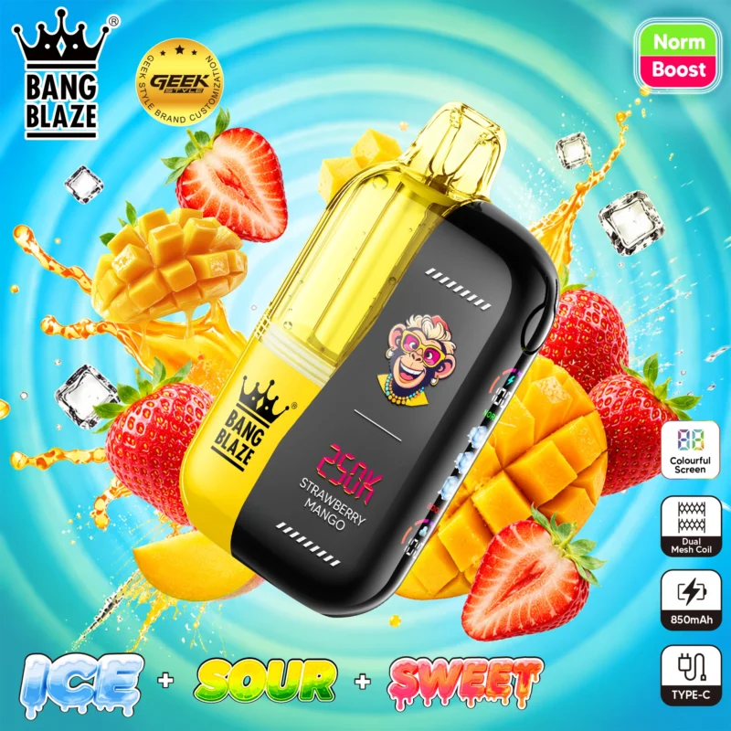 Bang Blaze 250K disposable vape in Strawberry Mango flavor, featuring a yellow and black design with a colorful screen, dual mesh coil, and 850mAh battery.