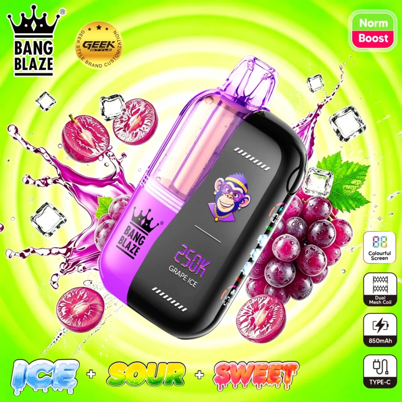 Bang Blaze 250K disposable vape in Grape Ice flavor with purple and black finish featuring a monkey graphic and screen.