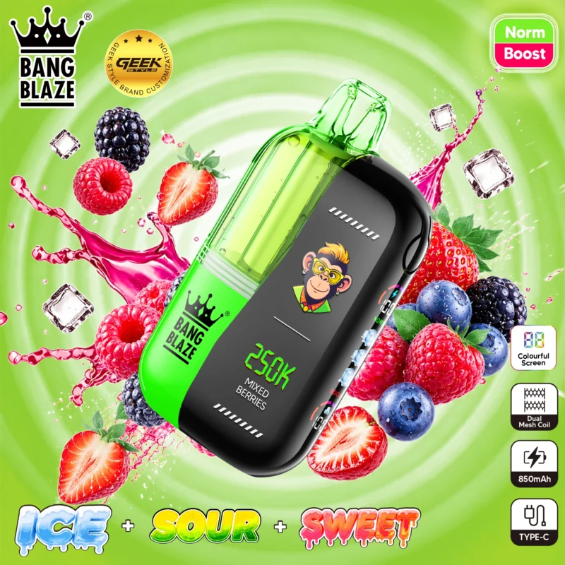 Bang Blaze 250K disposable vape in Mixed Berries flavor with a colorful screen and dual mesh coil.