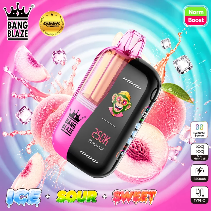Bang Blaze 250K disposable vape in Peach Ice flavor featuring a colorful screen and dual mesh coil technology.