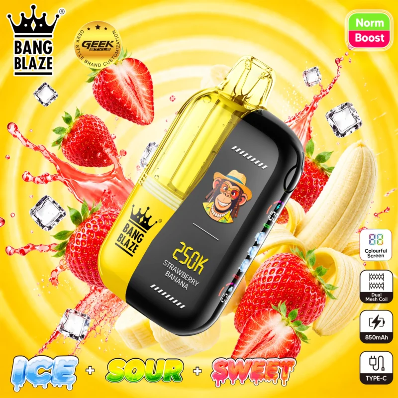 Bang Blaze 250K disposable vape in Strawberry Banana flavor featuring a monkey graphic, colorful screen, and dual mesh coil design.