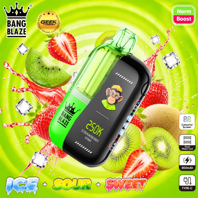 Bang Blaze 250K Strawberry Kiwi disposable vape with a green mouthpiece, black body, and cartoon monkey display.