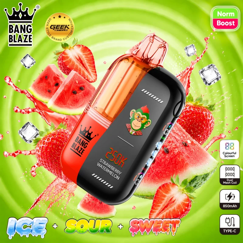 Bang Blaze 250K disposable vape in Strawberry Watermelon flavor featuring a dual coil, colorful screen, and 850mAh battery.