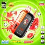 Bang Blaze 250K disposable vape in Watermelon Ice flavor, featuring a colorful monkey design and digital display on a vibrant green background.