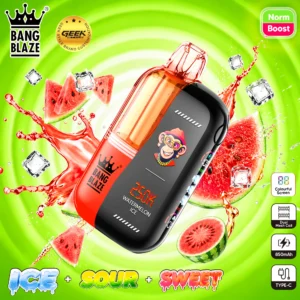 Bang Blaze 250K disposable vape in Watermelon Ice flavor, featuring a colorful monkey design and digital display on a vibrant green background.