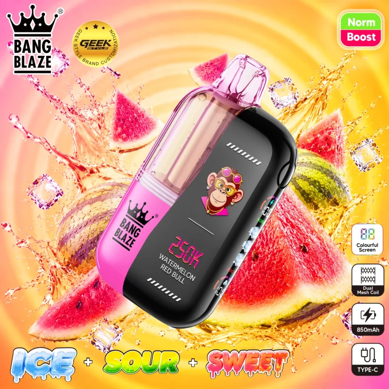 Bang Blaze 250K disposable vape in Watermelon Red Bull flavor, featuring a dual coil system, colorful screen, and Type-C charging.