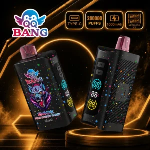 Two QQ Bang 280K disposable vapes with a Sour Cherry Candy flavor, featuring a black splatter design, LED displays, and control buttons.